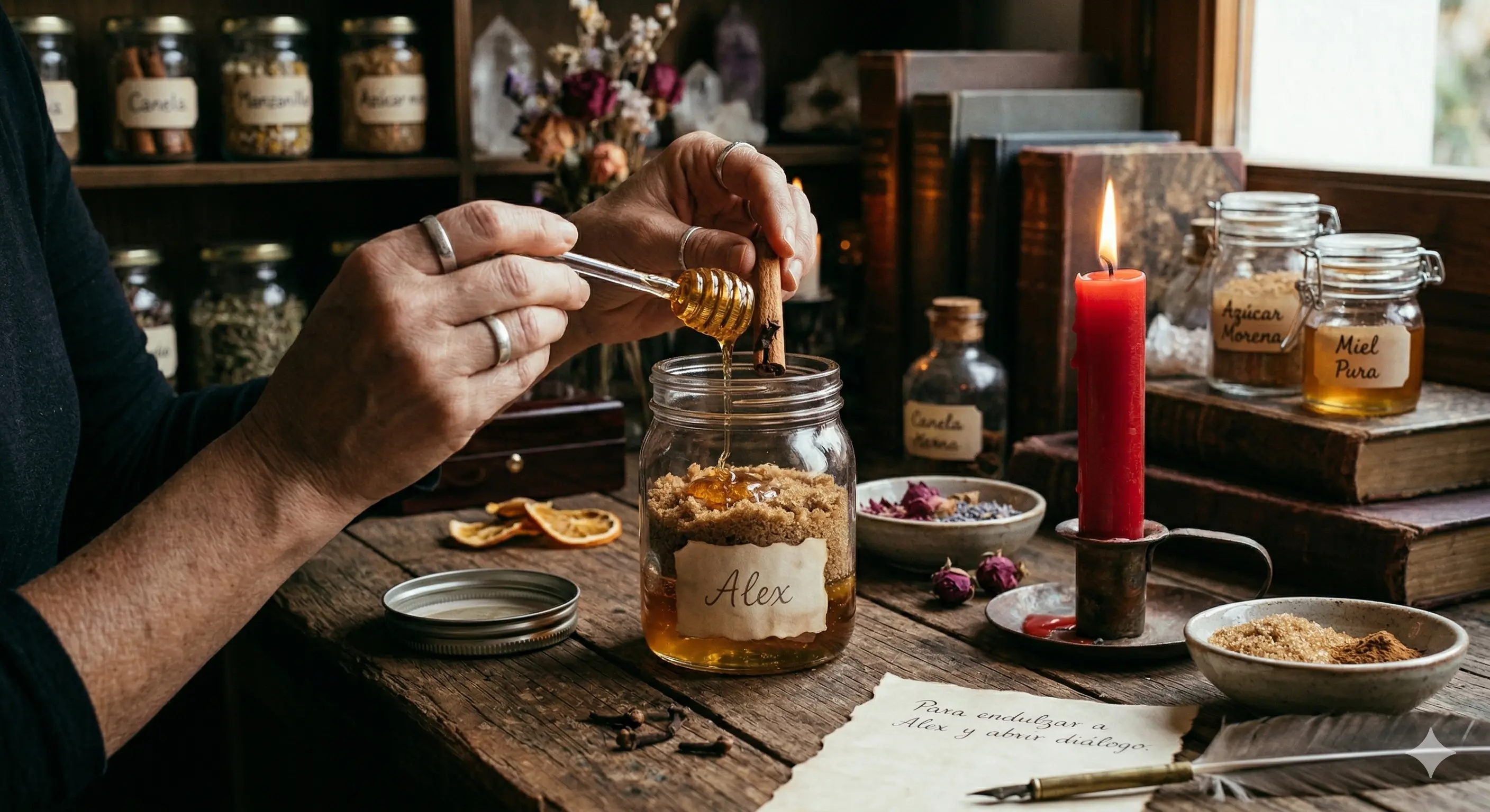Ingredientes para endulzamiento de amor: miel pura, azúcar y canela